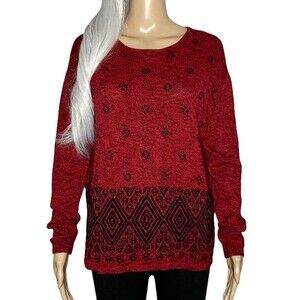 J. Jill Cotton Blend Embroidered Winter Print Red Crewneck Sweater Size Small